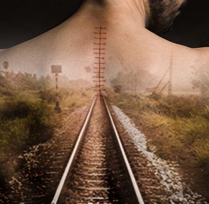 railway track illustration on a male's back