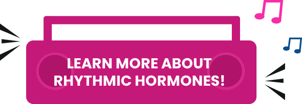 a pink radio with the words learn more about rhythmic hormones